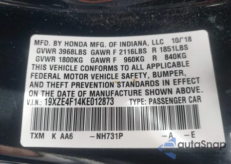 2019 Honda Insight Lx из США, поврежденный, VIN 19XZE4F14KE012873